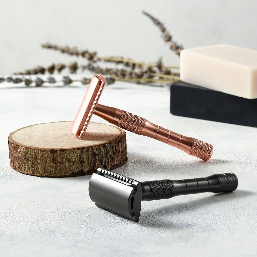 Rose Gold or Black Reusable Safety Razors w/ Natural Jute Travel Bag