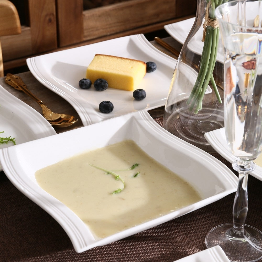 Franquihogar, Complete crockery white with gold cut and cobalt blue for 6  people, 19-piece set, 6 flat plates + 6 bowls + 6 dessert plates + soup